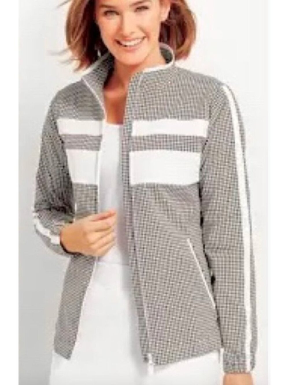 T BY TALBOTS black & white gingham full zip active jacket size LP Petite - Picture 8 of 8